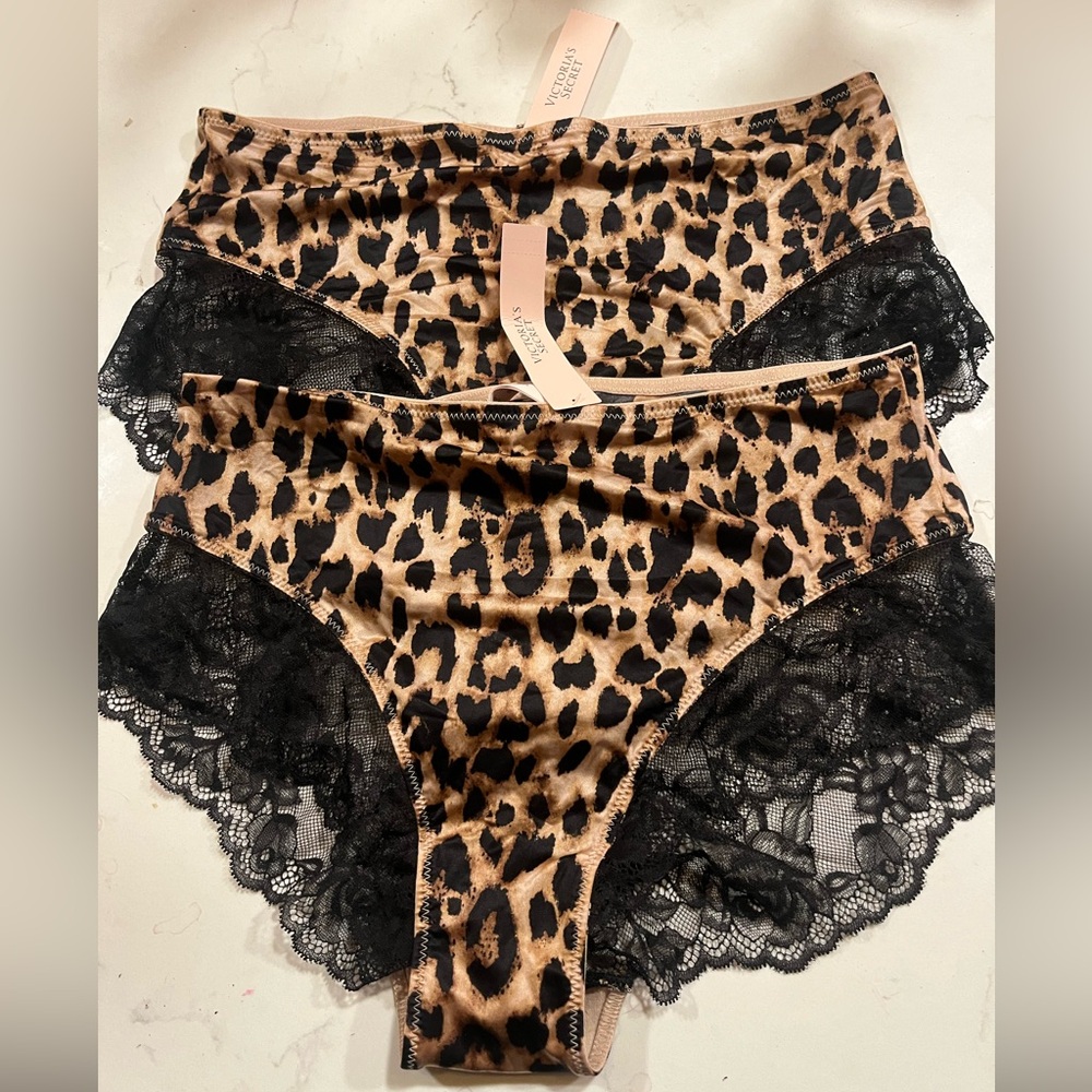 New Two VICTORIA'S SECRET VERY SEXY Lace Trim High Waist Brief Panty S Leopard